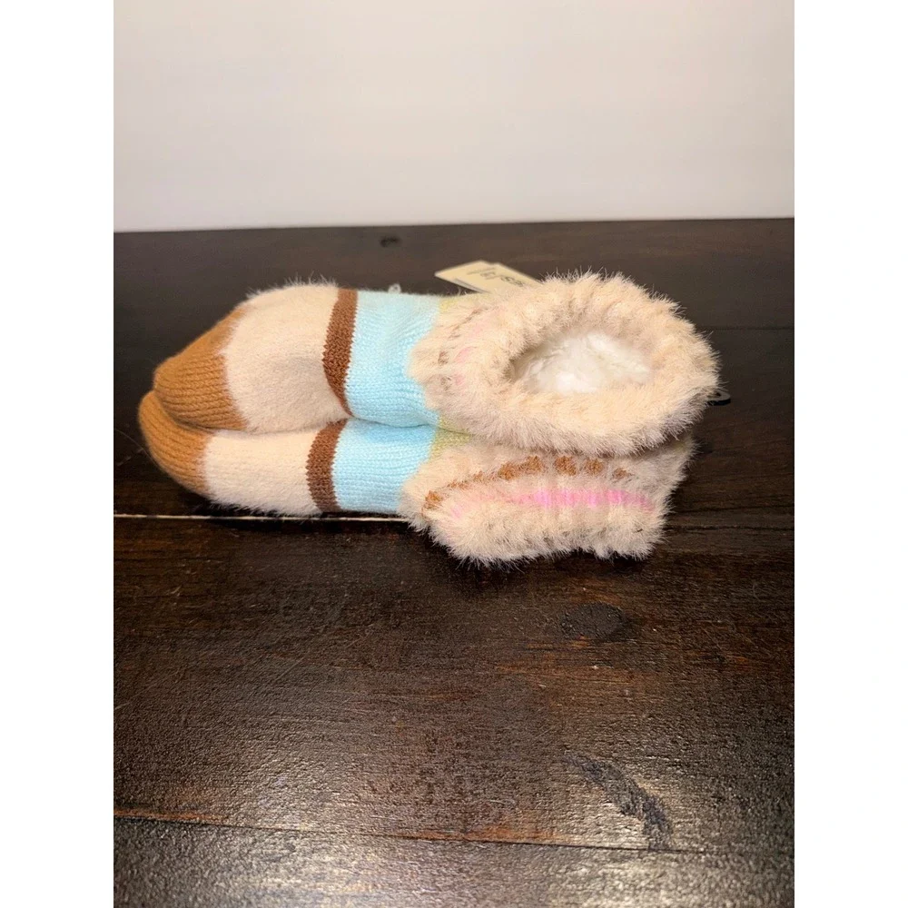 No Boundaries Womens Faux Fur Lined‎ Slipper Socks Striped Beige Multi Size 4-10